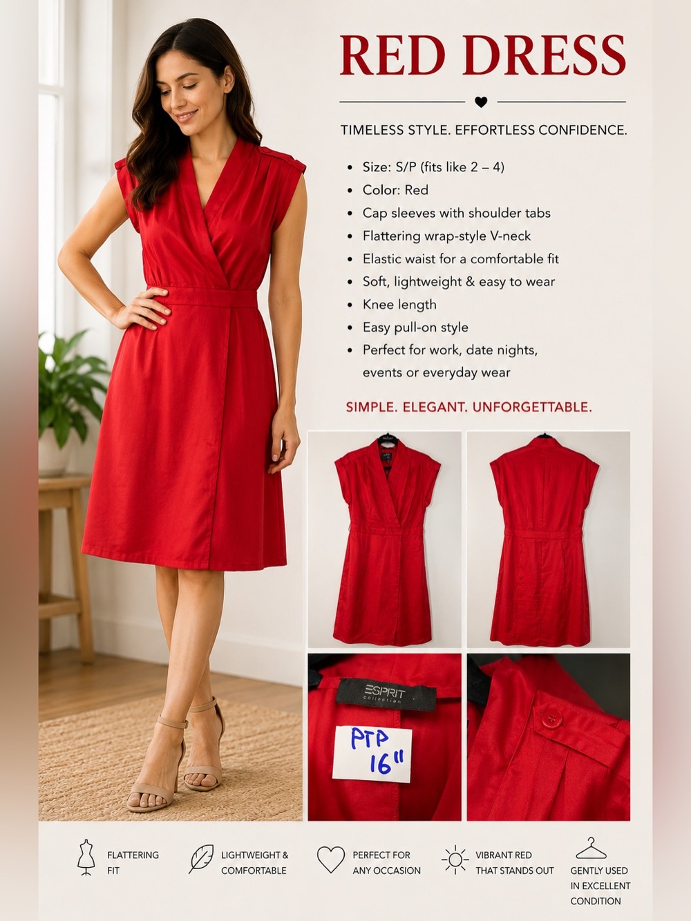Esprit Vibrant Red Wrap-Style V-Neck Midi Dress